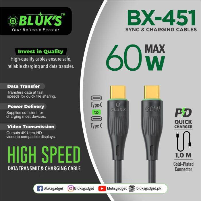 Bluks BX-451 60W Max USB-C to C Charging Cable | 2025 Edition - Image 2