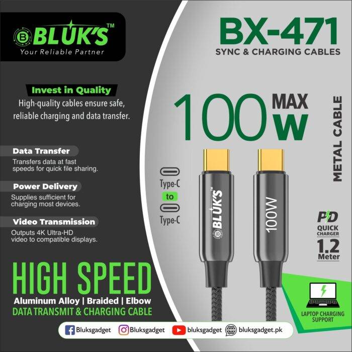 Bluks BX-471 100W USB-C to C Charging Cable – 2025 Edition - Image 2