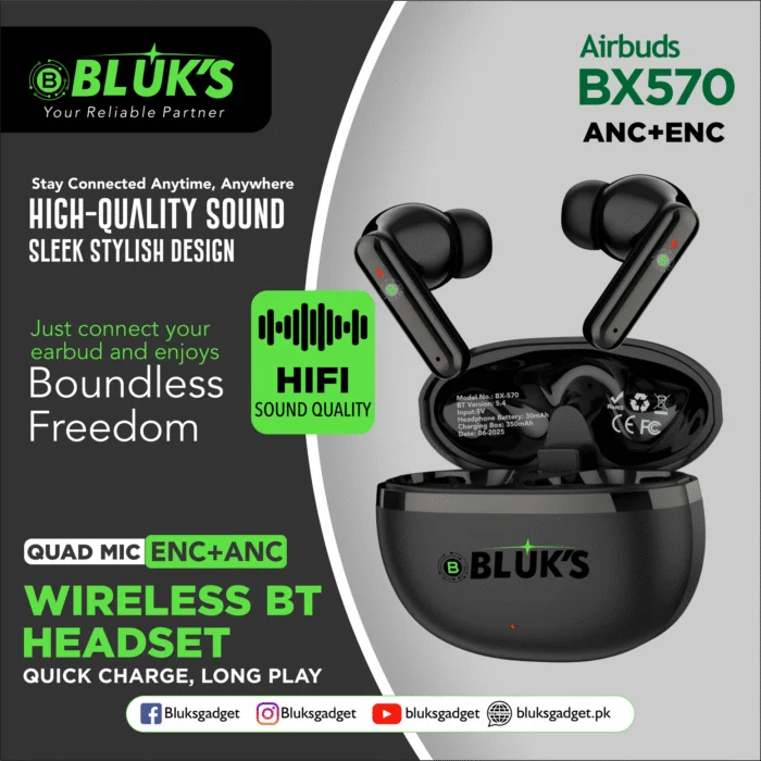 Bluks BX-570 Wireless Earbuds With Deep Bass & ANC – 2025 Edition - Image 2