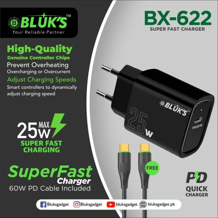 Bluks BX-622 25W Fast Charger With USB-C To C Cable – 2025 Edition - Image 2