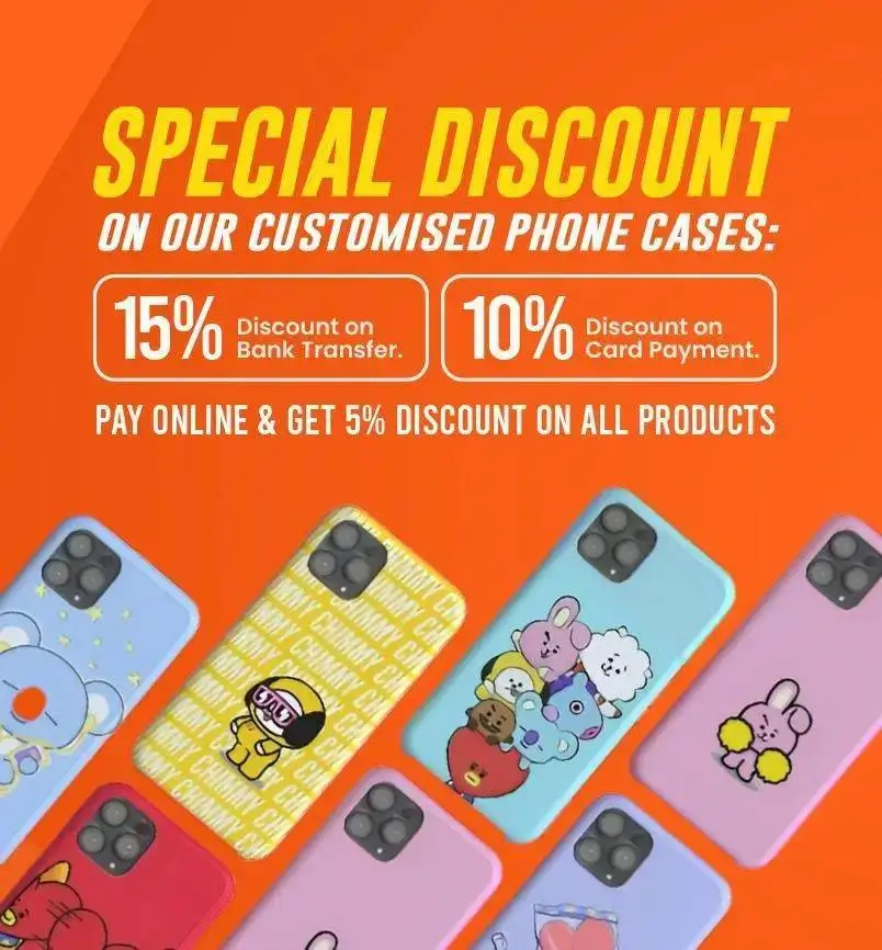 Special discount on custom phone cases with 15% off on bank transfer and 10% off on card payments at Dynamite Accessories.