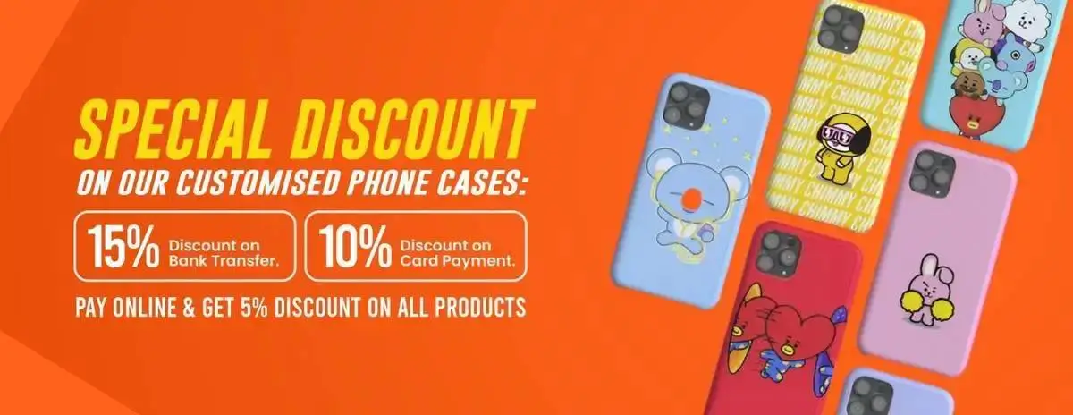 Special discount on custom phone cases with 15% off on bank transfer and 10% off on card payments, plus 5% off on online payments at Dynamite Accessories