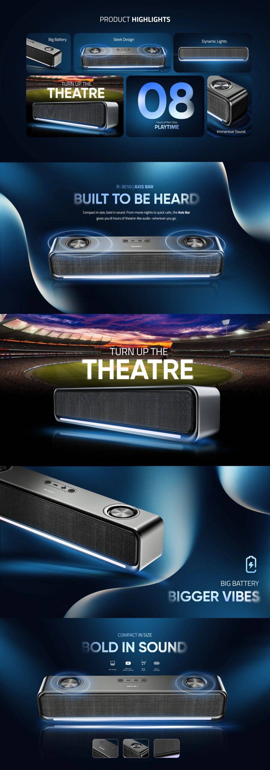 Ronin R-3010 Axis Bar Price in Pakistan - Portable Wireless Bluetooth Sound Bar